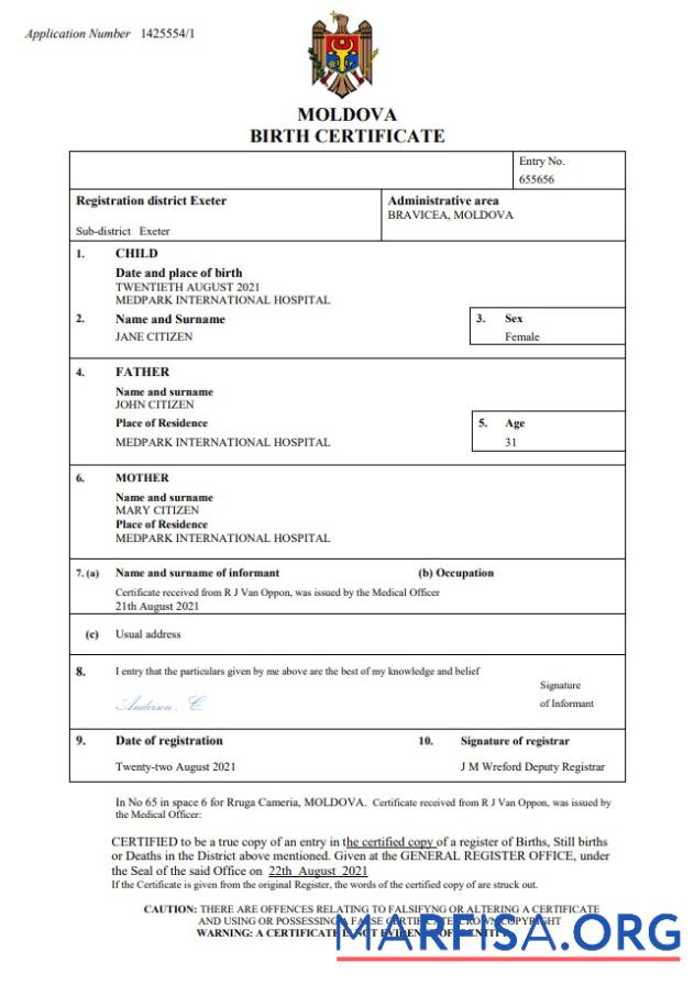 Realistic Moldova birth certificate Word and PDF template